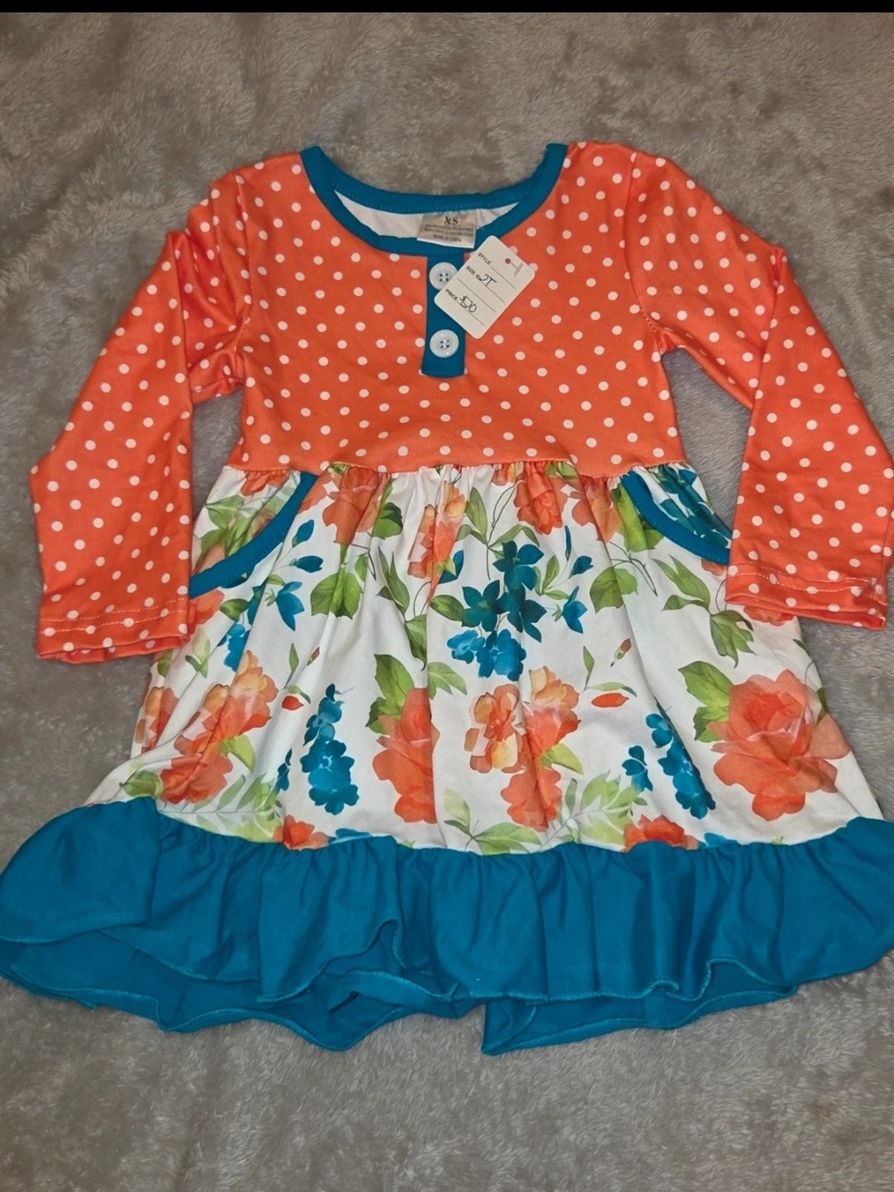 Girls Orange Polka Dot & Floral Ruffle Dress